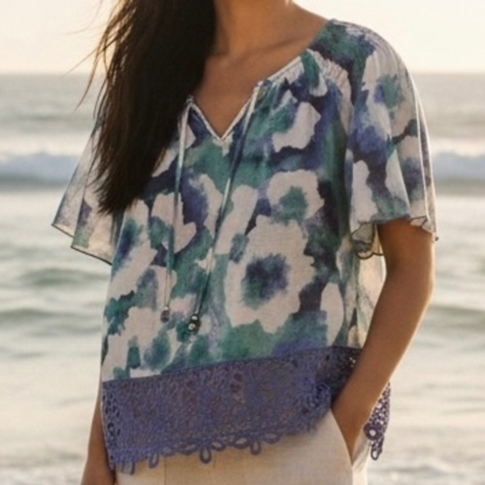 Blue Green Watercolor Blouse Crochet Floral Boho‎ Lace Peasant Summer Size Small